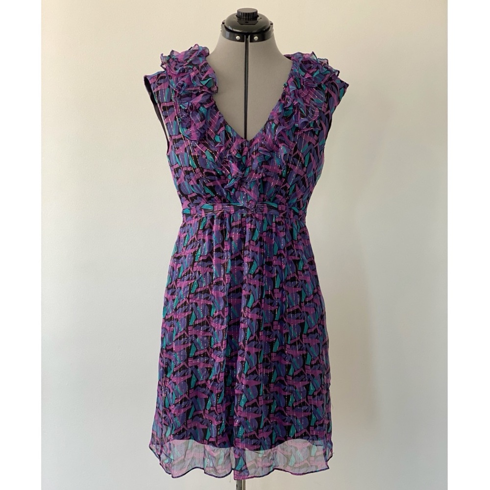 Eci New York - ruffle neck - dress - size 6 - multi colored - v neck